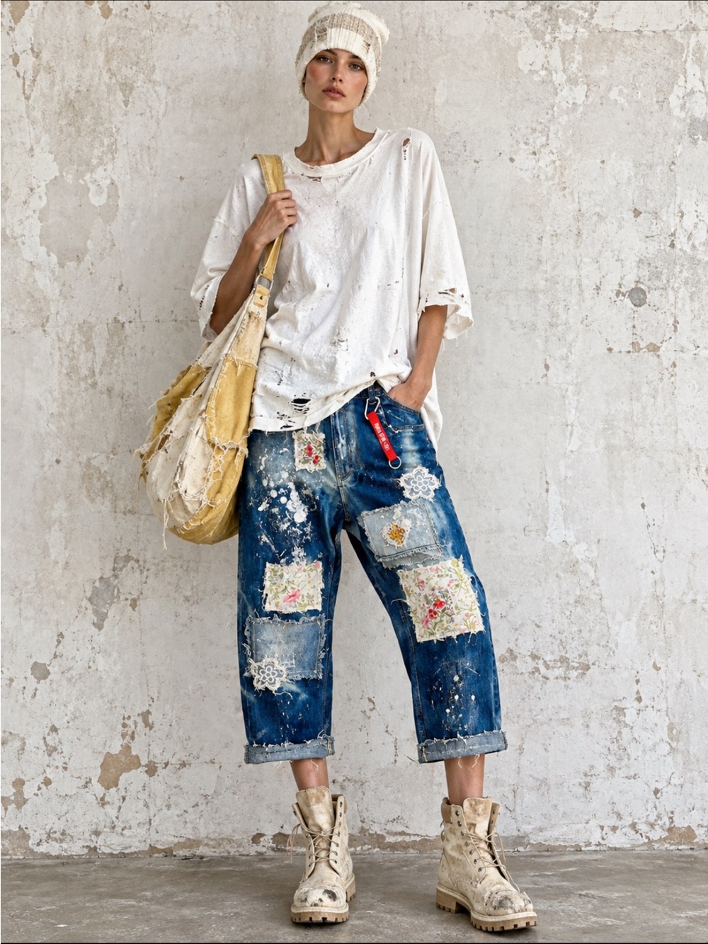 Bleach wash patched jeans